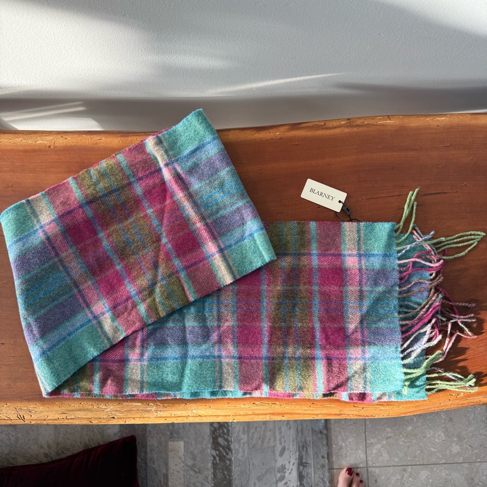New, LongBlarney Lambswool fringe scarf from Ireland pink teal plaid multi color